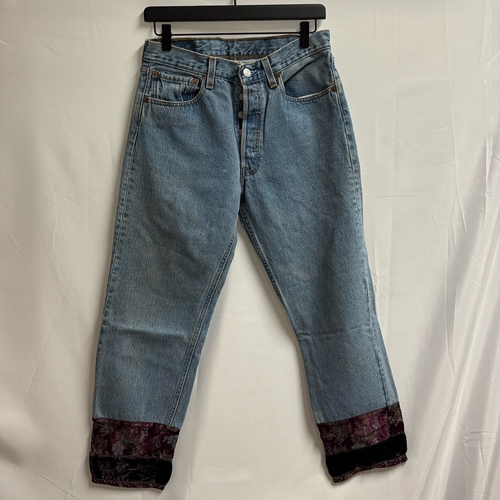 BELLA DAHL Upcycled Levi's 501 Velvet & Fabric Trim Jeans Blue Size 32